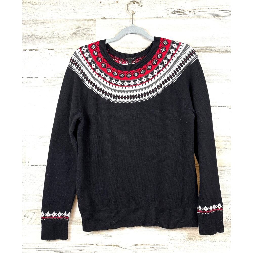 Talbots Womens L Black Red Lambswool Long Sleeve Winter Knit Sweater